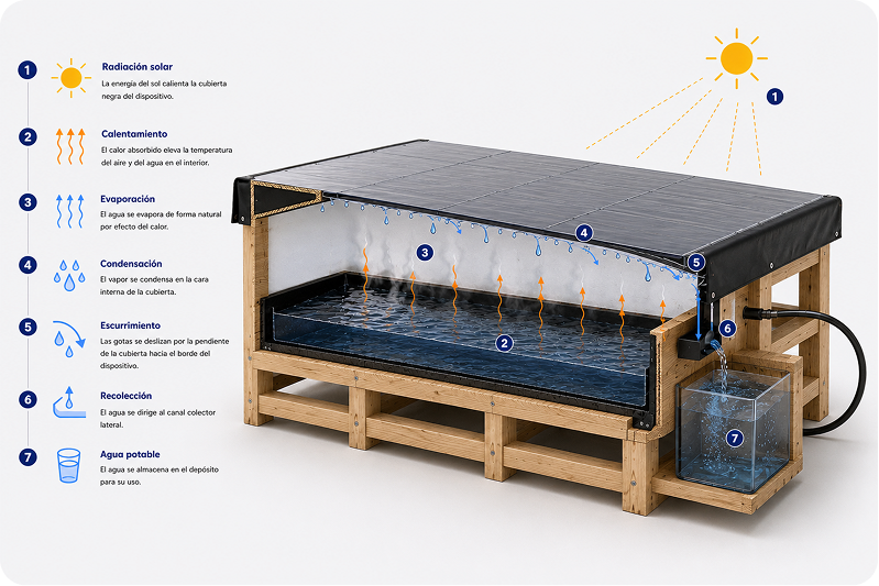Diagrama del funcionamiento del dispositivo solar de tratamiento de agua